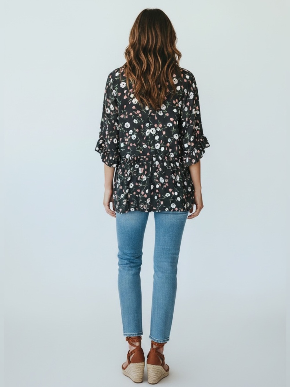She + Sky Black Floral V-Neck Peplum Blouse - Picture 7 of 7